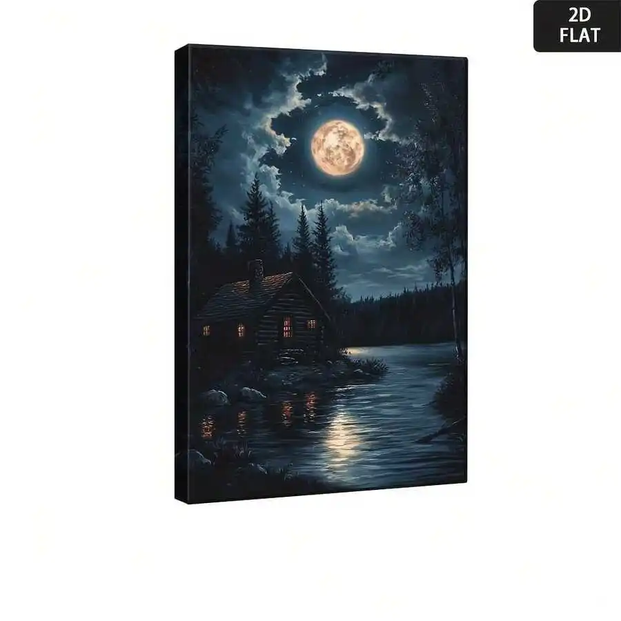 2D Flat Canvas Wall Art Print: Moonlit Log Cabin By Lake, Dark Forest Night Scene, Minimalist Modern Decor
2D Flat Canvas Wall Art Print: Moonlit Log Cabin By Lake, Dark Forest Night Scene, Minimalist Modern Decor