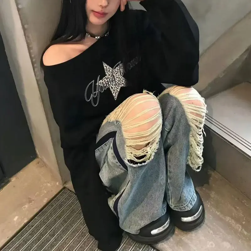 American Retro Leopard Star Hoodies Autumn Casual Printed Women's Clothing Skew Collar Stylish Off Shoulder Loose Sweatshirts
American Retro Leopard Star Hoodies Autumn Casual Printed Women's Clothing Skew Collar Stylish Off Shoulder Loose Sweatshirts