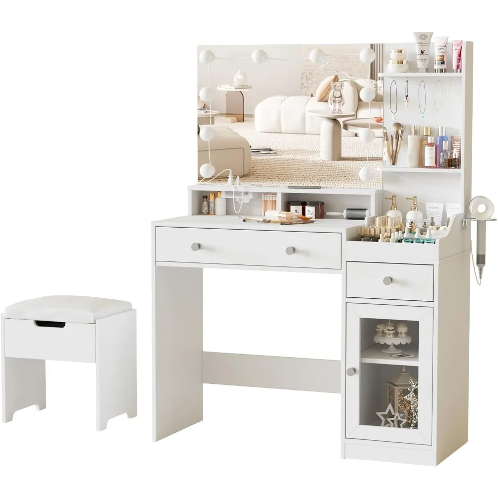 Makeup Vanity Table with Charging Station, Big Vanity with 3 Storage Compartments, Cute Vanity with Comfortable Bench
Makeup Vanity Table with Charging Station, Big Vanity with 3 Storage Compartments, Cute Vanity with Comfortable Bench