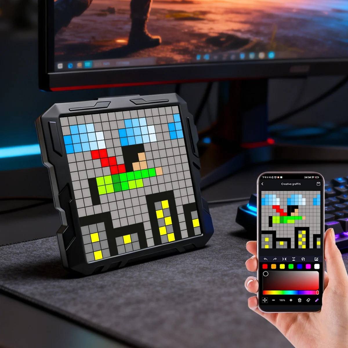 Full-color LED Black Desktop pixel Screen Pillar Mount Indoor Gaming Desk Featuring DIY Ambient Lighting Cyberpunk Mecha-style
Full-color LED Black Desktop pixel Screen Pillar Mount Indoor Gaming Desk Featuring DIY Ambient Lighting Cyberpunk Mecha-style