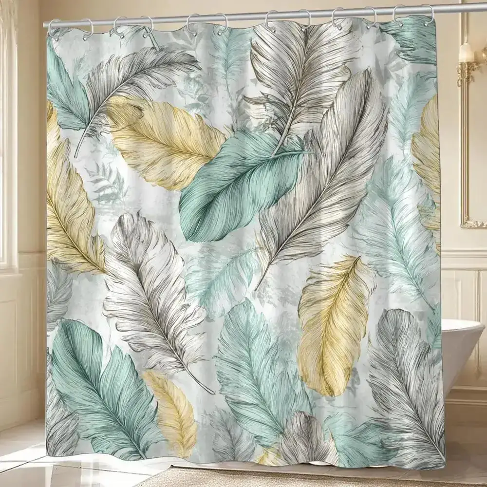 Blue-green feather patterned shower curtain, polyester fabric, machine washable, with hooks, suitable for bathroom décor.
Blue-green feather patterned shower curtain, polyester fabric, machine washable, with hooks, suitable for bathroom décor.