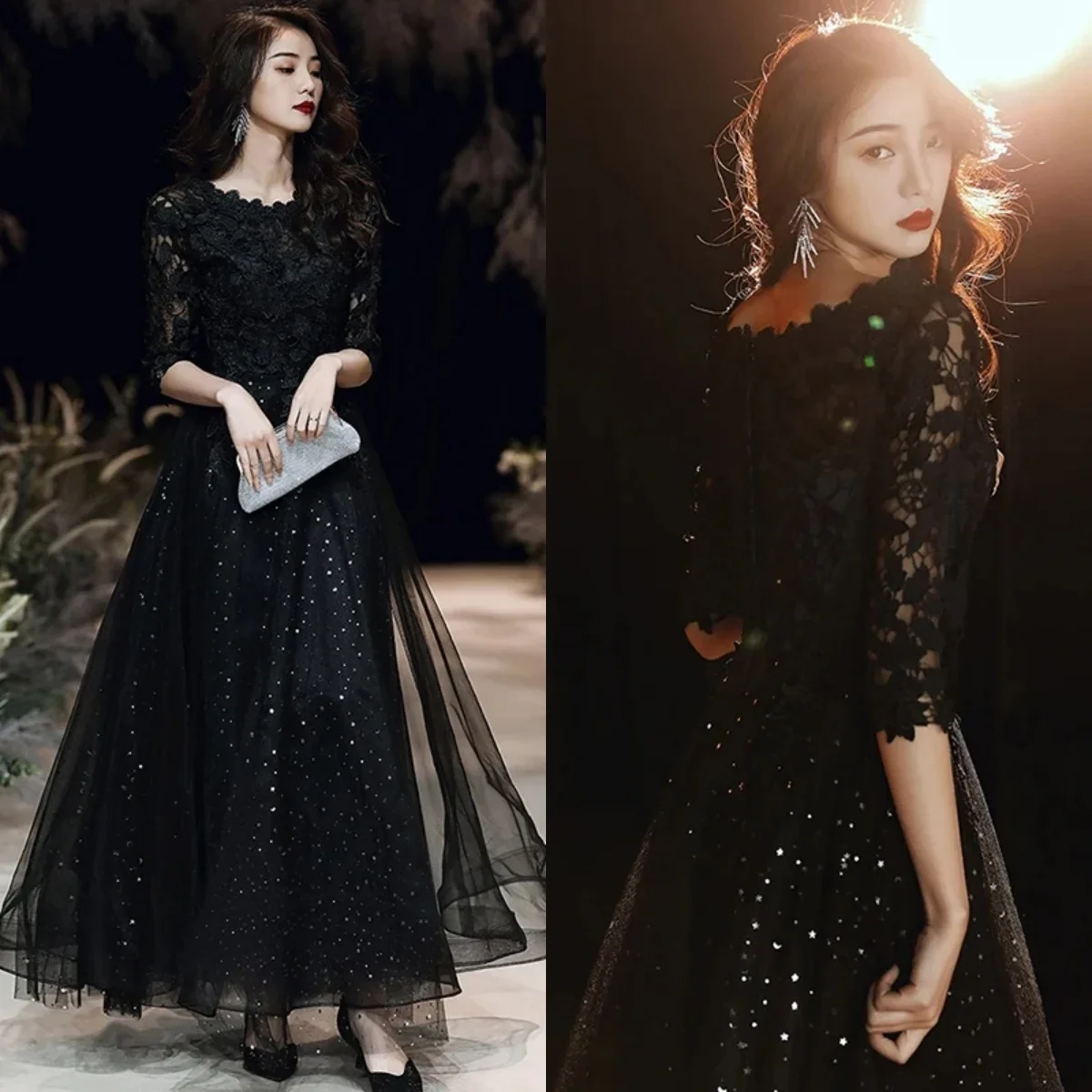 Black Evening Dresses Lace Tulle Bling O-neck Half Sleeves A-line Floor Length Plus size Zipper Back Women Party Formal Gown
Black Evening Dresses Lace Tulle Bling O-neck Half Sleeves A-line Floor Length Plus size Zipper Back Women Party Formal Gown