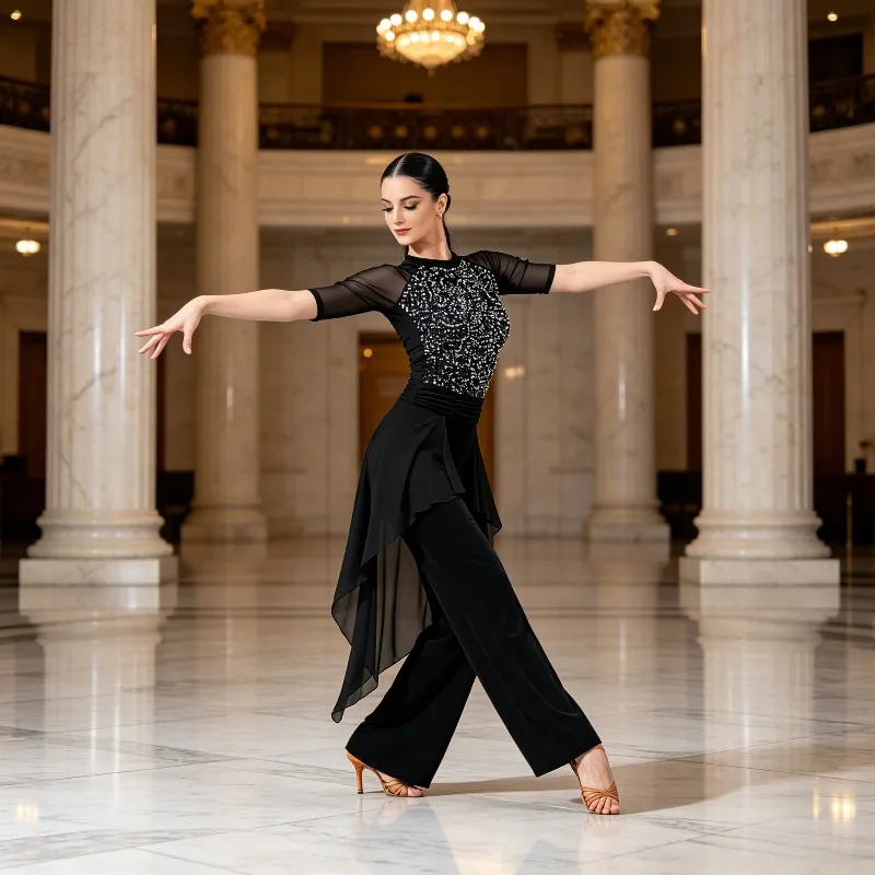 Ladies' Professional Latin Dance Set with Sequined Dance Clothes and Ribbon Latin Pants for Adult Training and Competition Stage
Ladies' Professional Latin Dance Set with Sequined Dance Clothes and Ribbon Latin Pants for Adult Training and Competition Stage
