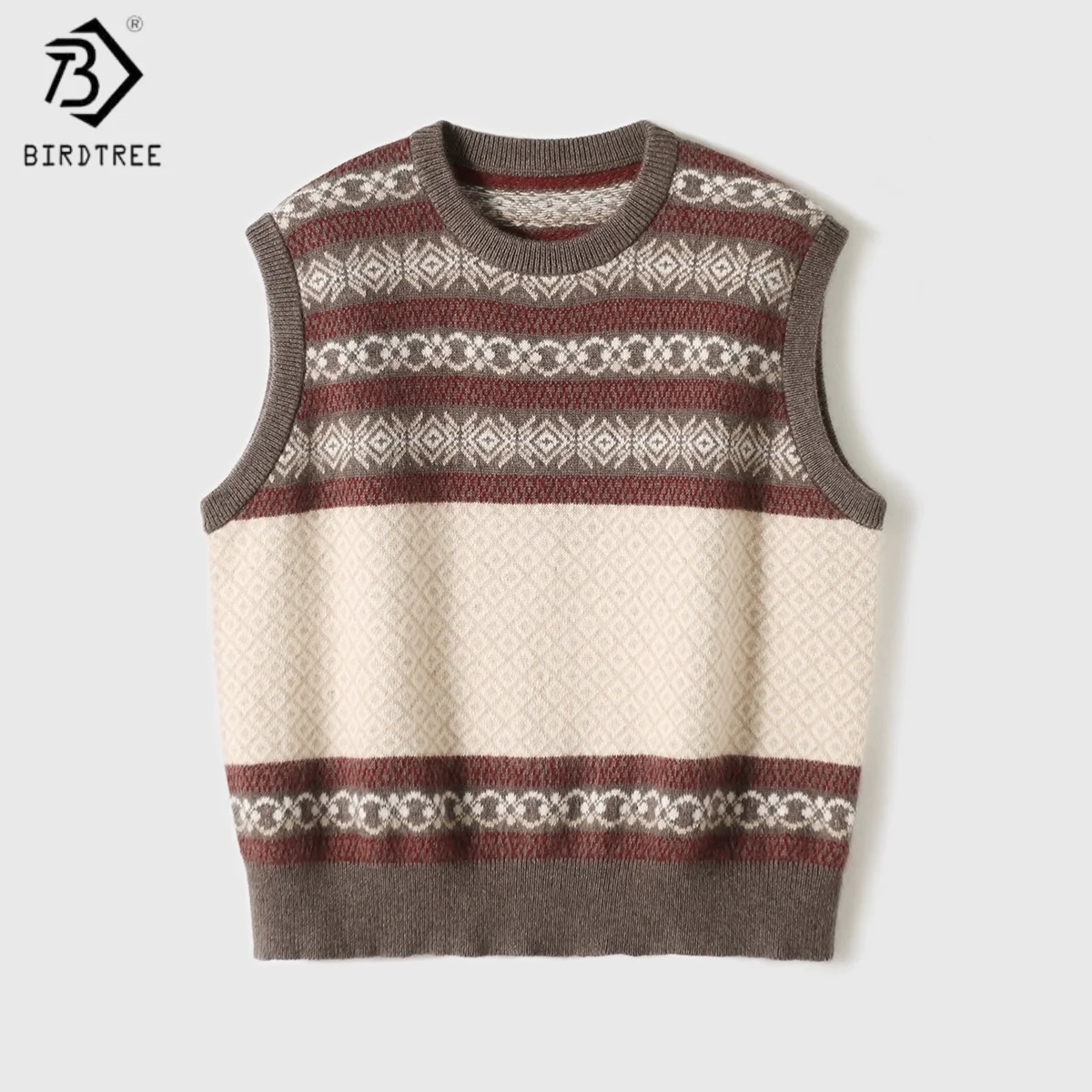 Birdtree,Wool Blended Dotted Jacquard Knitted Vest,Woman O-neck Sleeveless Sweater,2025 Autumn Warmth Loose Waistcoat T5O635JF
Birdtree,Wool Blended Dotted Jacquard Knitted Vest,Woman O-neck Sleeveless Sweater,2025 Autumn Warmth Loose Waistcoat T5O635JF