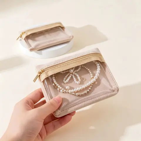 Fashion Transparent PVC Velvet Zipper Jewelry Organizer Bag Portable Storage Pouch For Rings Earrings Necklaces Travel Use