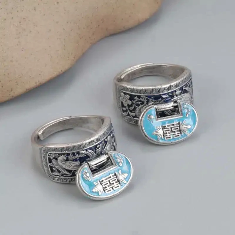 Double Happiness Bird Song Flower Blue Enamel Rings for Women Ethnic Style Vintage 925 Silver Lock Ring Pendant Party Jewelry
Double Happiness Bird Song Flower Blue Enamel Rings for Women Ethnic Style Vintage 925 Silver Lock Ring Pendant Party Jewelry