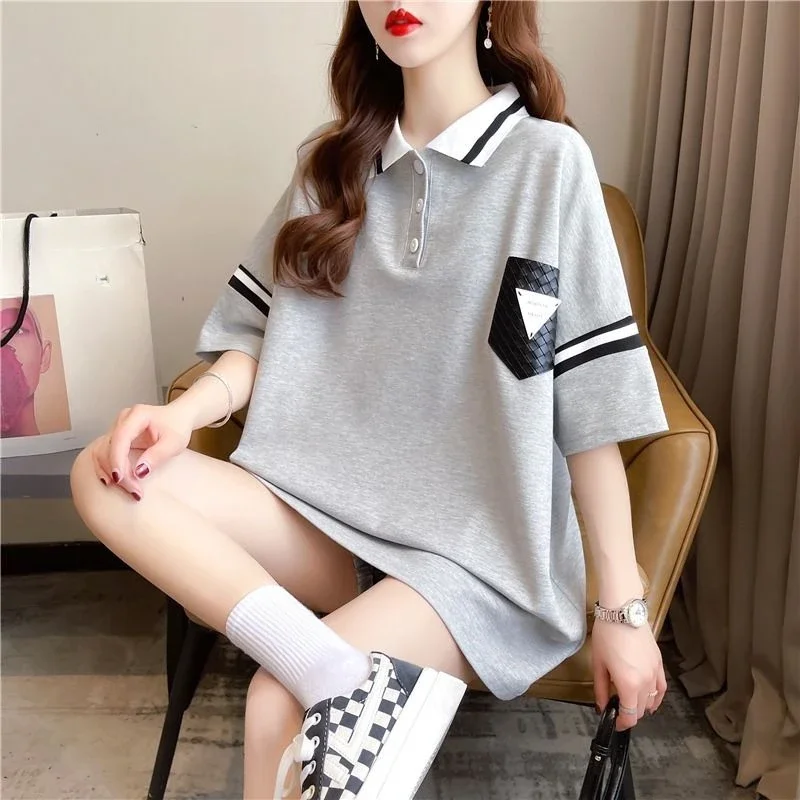 Short Sleeve Women's Polo Baggy Female Tee with Collar Pulovers Synthetic Korean Clothing Original Casual Tops Basic T-shirts
Short Sleeve Women's Polo Baggy Female Tee with Collar Pulovers Synthetic Korean Clothing Original Casual Tops Basic T-shirts