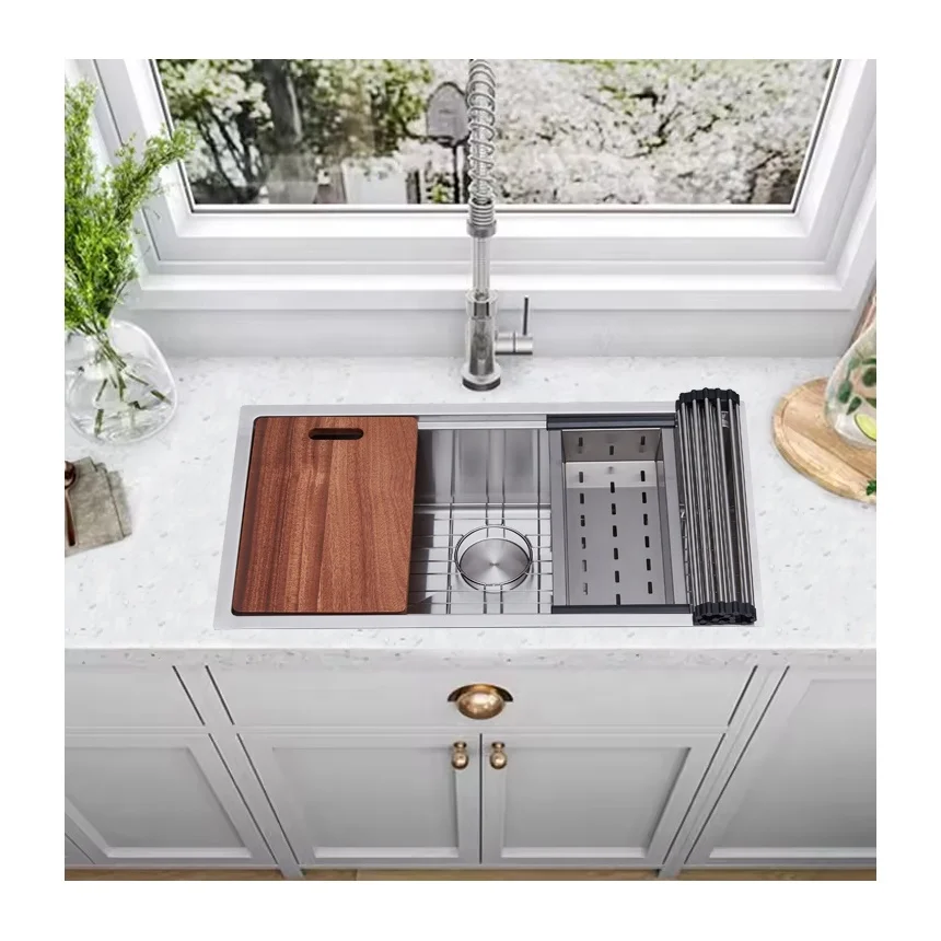 Hot Trending 32x18 Inch 16 Gauge SUS304 Brushed Undermount Smart Single Bowl Sink with Storage Rack & Cutting Board
Hot Trending 32x18 Inch 16 Gauge SUS304 Brushed Undermount Smart Single Bowl Sink with Storage Rack & Cutting Board