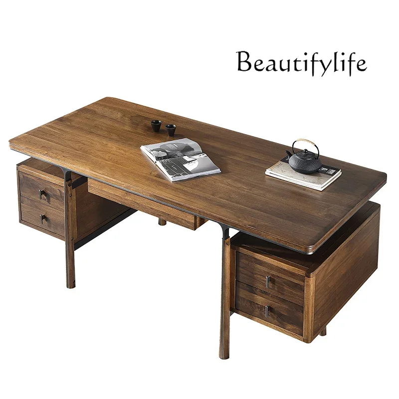Modern new Chinese-style solid wood rectangular storage office desk black walnut desk leather book chair combination
Modern new Chinese-style solid wood rectangular storage office desk black walnut desk leather book chair combination