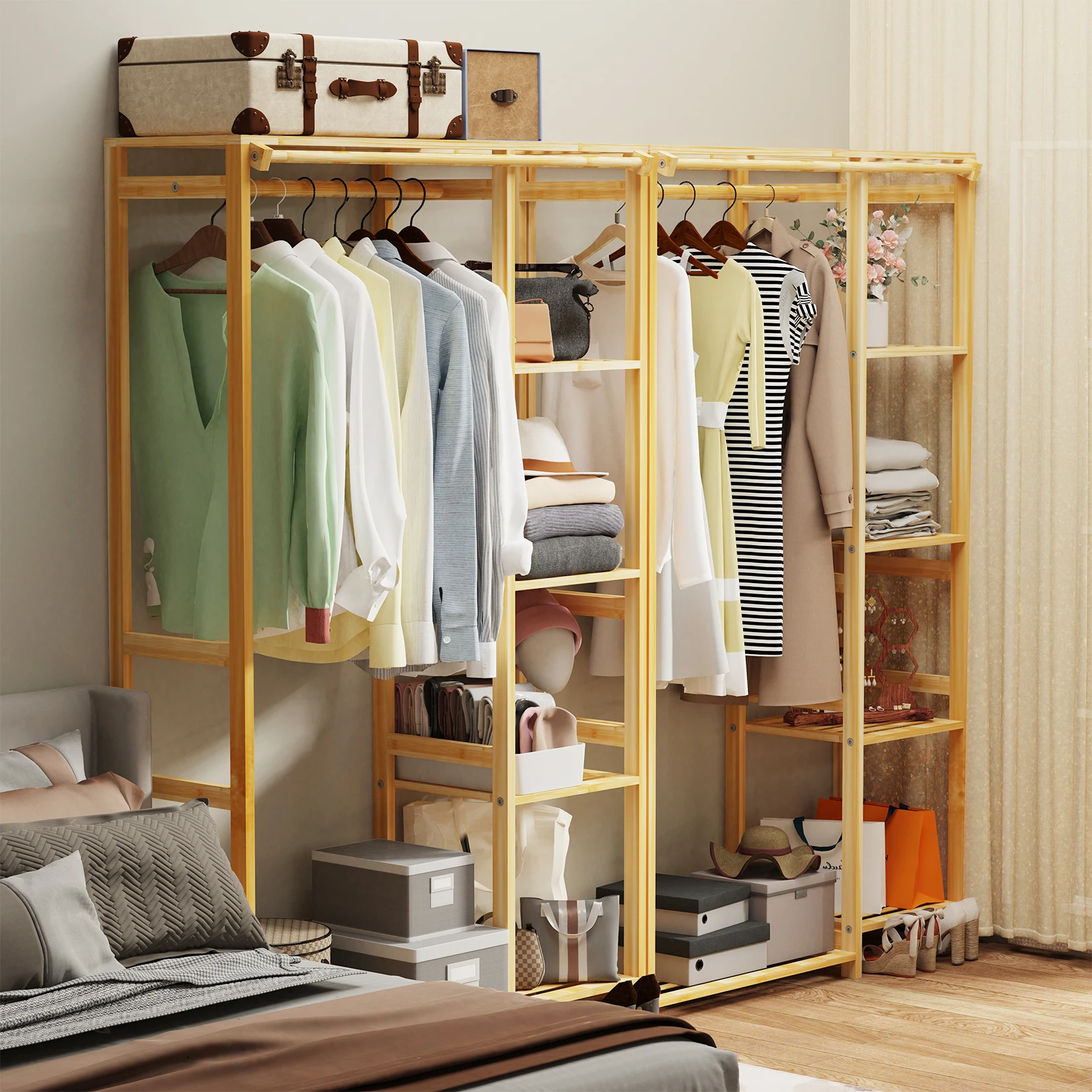 6 Tier Bamboo Garment Rack Open Wardrobe Closet Stand Storage Shelves with Hanging Cover Clothing Hanging Organizer
6 Tier Bamboo Garment Rack Open Wardrobe Closet Stand Storage Shelves with Hanging Cover Clothing Hanging Organizer