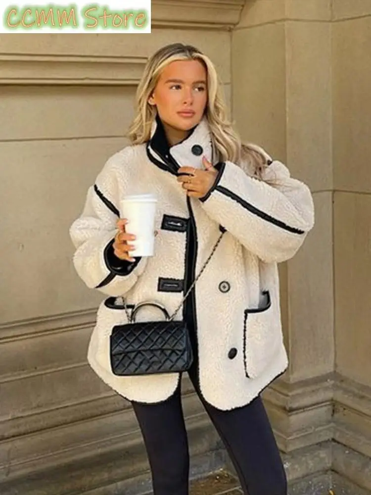 Contrast Fleece Woman Coats Thick Warm Stand Single Breasted Outerwear Autumn Winter Lady Pockets Long Sleeve Casual Jacket
Contrast Fleece Woman Coats Thick Warm Stand Single Breasted Outerwear Autumn Winter Lady Pockets Long Sleeve Casual Jacket
