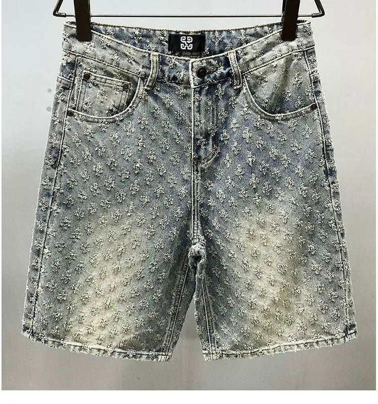 American Y2K Light Luxury Quality Retro Denim Shorts Summer Hip Hop INS Men Loose Shave Jacquard Couple Denim Five Point Pants 20 S2fda01df8d6d45f2b36071fe8f90ff3eN