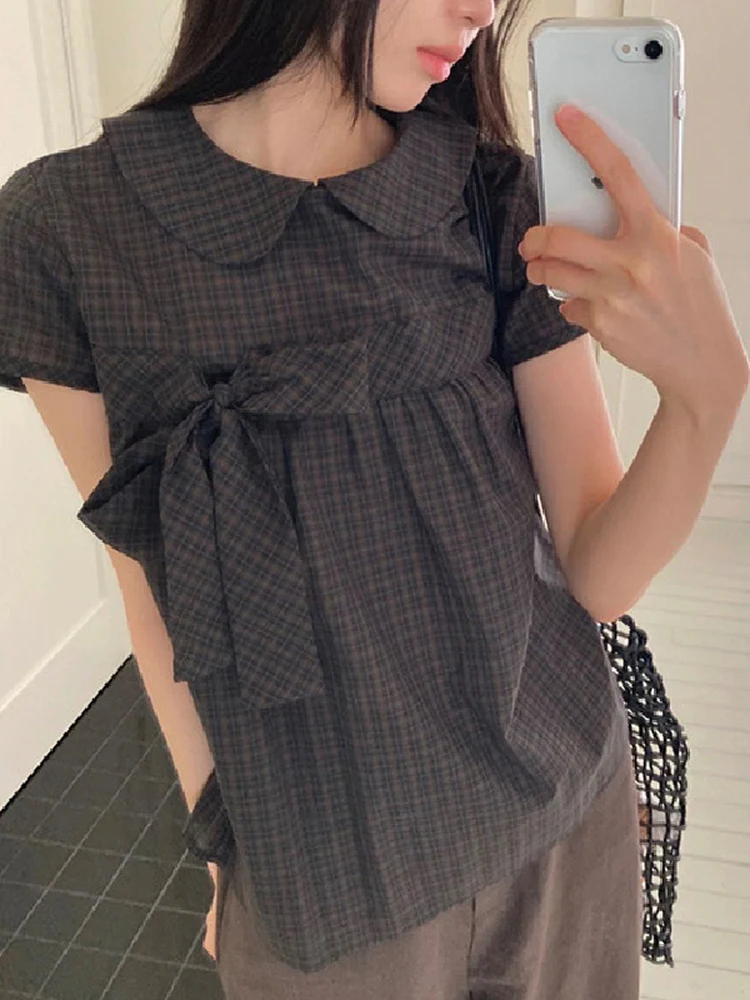 Korean Sle Plaid ort Sve Doll Collar Knot irt Women's Top Cotton Casual Busin Faion Summer Clothes
Korean Sle Plaid ort Sve Doll Collar Knot irt Women's Top Cotton Casual Busin Faion Summer Clothes