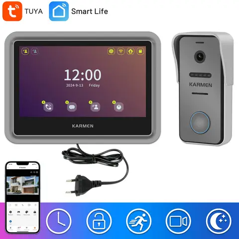 KARMEN WiFi Intercom,7inch Home Video Doorbell, 1080P Waterproof Door Phone,Motion Sensing Record, TUYA Control Unlock System