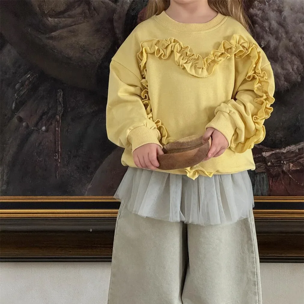 Korean Children Clothing 2025 Spring Summer New Girls Hoodie Yellow Round Neck with Mushroom Edge Design Sense Top
Korean Children Clothing 2025 Spring Summer New Girls Hoodie Yellow Round Neck with Mushroom Edge Design Sense Top