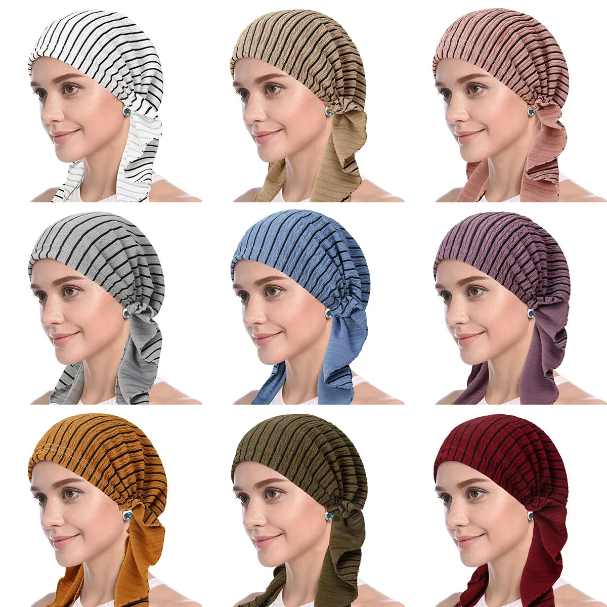 Muslim Hijab Inner Pre-Tie Headwraps Cap Islamic Elastic Turban Pullover Hat Fashion African Women Striped Headwear Bonnet Party
Muslim Hijab Inner Pre-Tie Headwraps Cap Islamic Elastic Turban Pullover Hat Fashion African Women Striped Headwear Bonnet Party