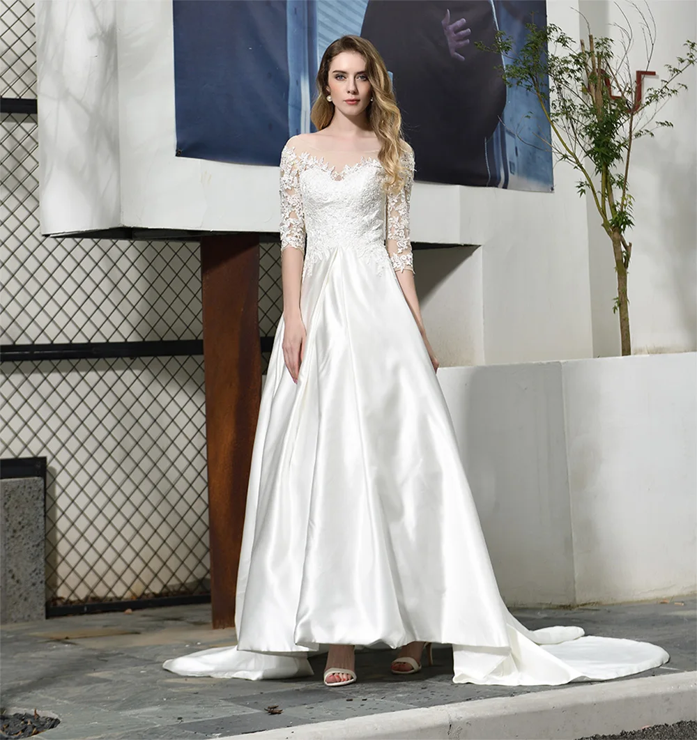 Customized Romantic and Exquisite Appliques White Satin Scoop Wedding Dress Chapel Train Half Sleeves Lace Up Back Bri
Customized Romantic and Exquisite Appliques White Satin Scoop Wedding Dress Chapel Train Half Sleeves Lace Up Back Bri