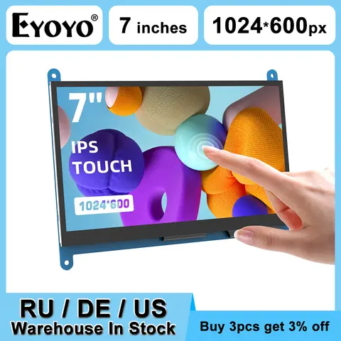 EYOYO Driver-free 7-inch 1024x600 Resolution 5-point Capacitive Touchscreen Micro HDMI Display For Raspberry Pi 4/3/2/1/3B+/BB