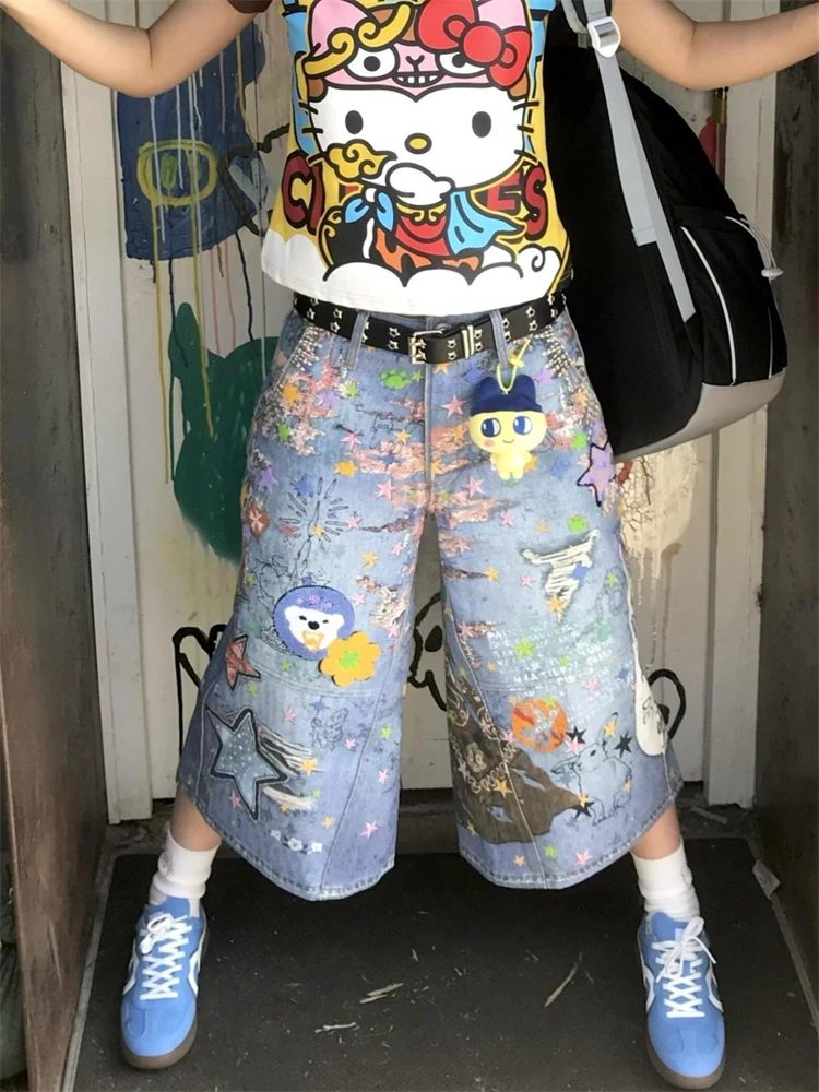 Women's Blue Cartoon Print Wide Leg Calf-length Trousers Summer Young Girl Shorts Female High Waist Capris Pants
Women's Blue Cartoon Print Wide Leg Calf-length Trousers Summer Young Girl Shorts Female High Waist Capris Pants
