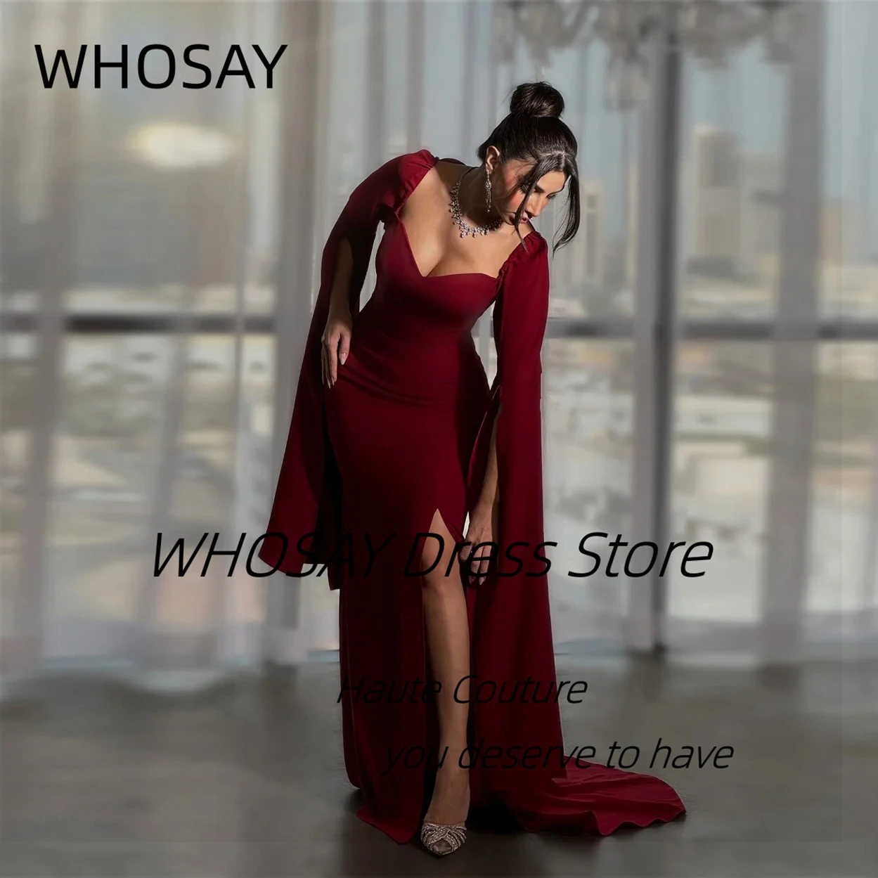 WHOSAY Burgundy Prom Dresses Saudi Arabia Long Sleeves Evening Dress Customized Side Slit Sexy Birthday Party Gowns
WHOSAY Burgundy Prom Dresses Saudi Arabia Long Sleeves Evening Dress Customized Side Slit Sexy Birthday Party Gowns