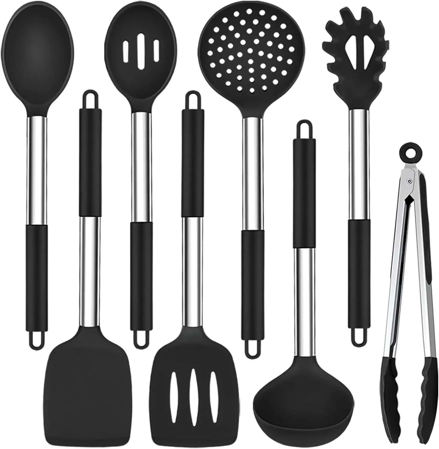 Kitchen Utensils Set of 8, Silicone Utensils Kitchen Tools Set with Stainless Steel Handle, for Frying Serving Flipping Draining, Non-toxic & Heatproof, Nonstick & Dishwasher Safe - Black
Kitchen Utensils Set of 8, Silicone Utensils Kitchen Tools Set with Stainless Steel Handle, for Frying Serving Flipping Draining, Non-toxic & Heatproof, Nonstick & Dishwasher Safe - Black