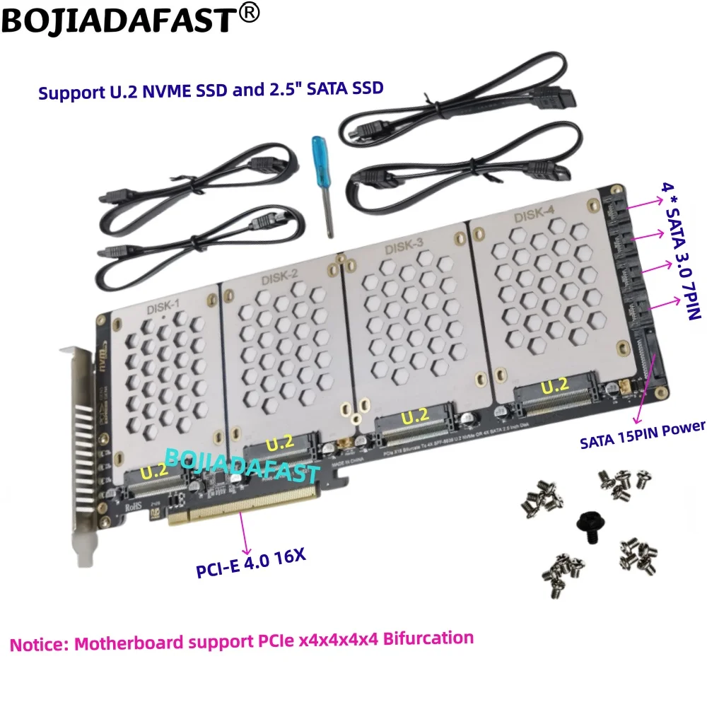 PCI-E 4.0 16X To 4 x SFF-8639 U.2 Adapter Expansion Card For U2 NVME & 2.5" SATA SSD (MB Support PCIe x4x4x4x4 Bifurcation)
PCI-E 4.0 16X To 4 x SFF-8639 U.2 Adapter Expansion Card For U2 NVME & 2.5" SATA SSD (MB Support PCIe x4x4x4x4 Bifurcation)