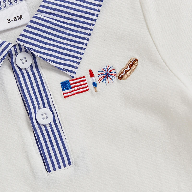 Independence Day Baby Boy Romper with Embroidered Stars and Stripes Loose Fit Jumpsuit with Button Closure and Turn Down
Independence Day Baby Boy Romper with Embroidered Stars and Stripes Loose Fit Jumpsuit with Button Closure and Turn Down