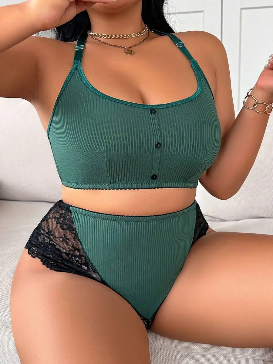 2-Piece Moss Green Ribbed Knit Wireless Bra With Black Lace Trim And High-Waisted Briefs Set For Plus Size Comfort Wear
2-Piece Moss Green Ribbed Knit Wireless Bra With Black Lace Trim And High-Waisted Briefs Set For Plus Size Comfort Wear