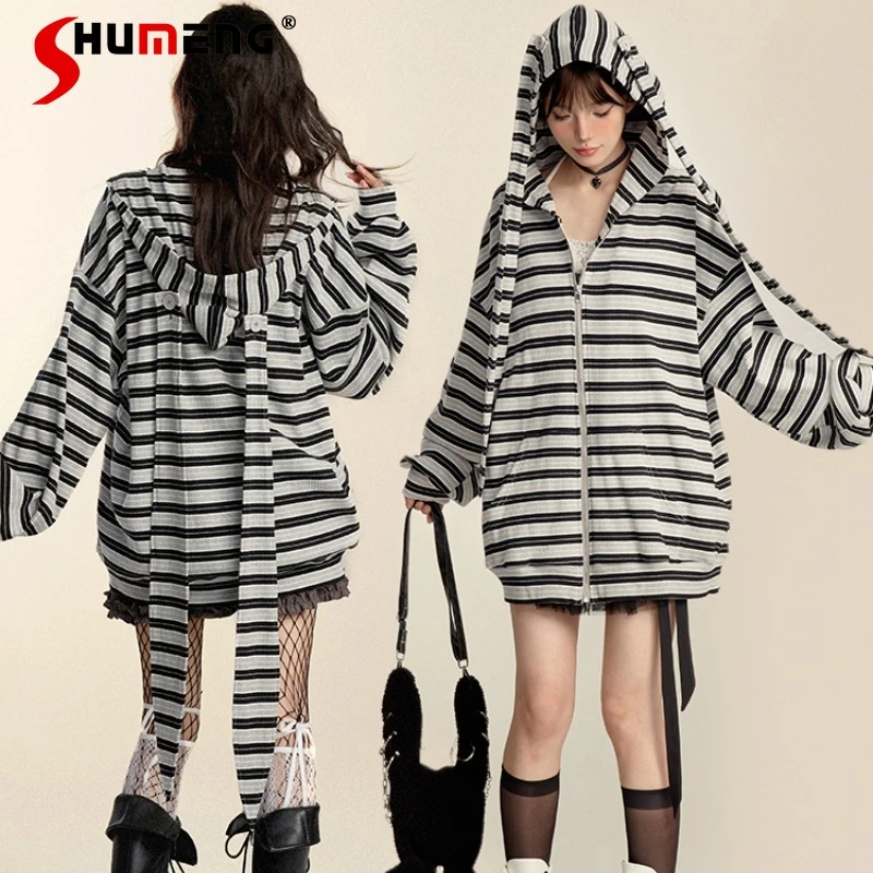 Japanese Cartoon Rabbit Ears Hooded Sweatshirts Women's Autumn Striped Knitted Loose Oversized Cardigan Jacket Sudaderas Mujer
Japanese Cartoon Rabbit Ears Hooded Sweatshirts Women's Autumn Striped Knitted Loose Oversized Cardigan Jacket Sudaderas Mujer