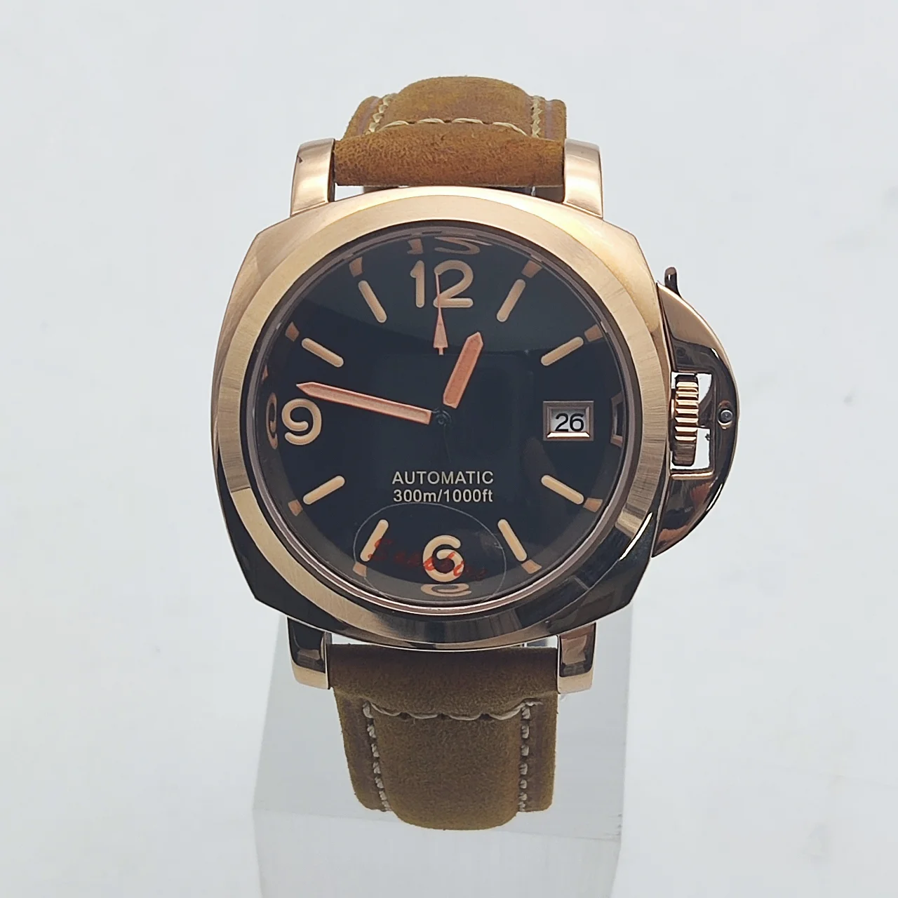 Rose Gold 40mm NH35Automatic Case Stainless Steel with Handle Men's Watches Sapphire Glass Green Luminous Dial Leather Strap
Rose Gold 40mm NH35Automatic Case Stainless Steel with Handle Men's Watches Sapphire Glass Green Luminous Dial Leather Strap