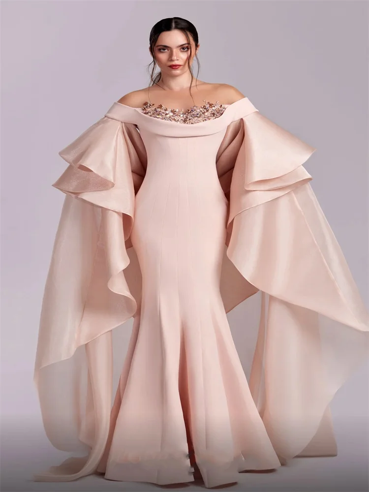 Hot Selling Off Shoulder Neckline Long Sleeves Mermaid Chiffon Evening Dress Back Zipper Floor Length Sweep Train Gown For Women
Hot Selling Off Shoulder Neckline Long Sleeves Mermaid Chiffon Evening Dress Back Zipper Floor Length Sweep Train Gown For Women