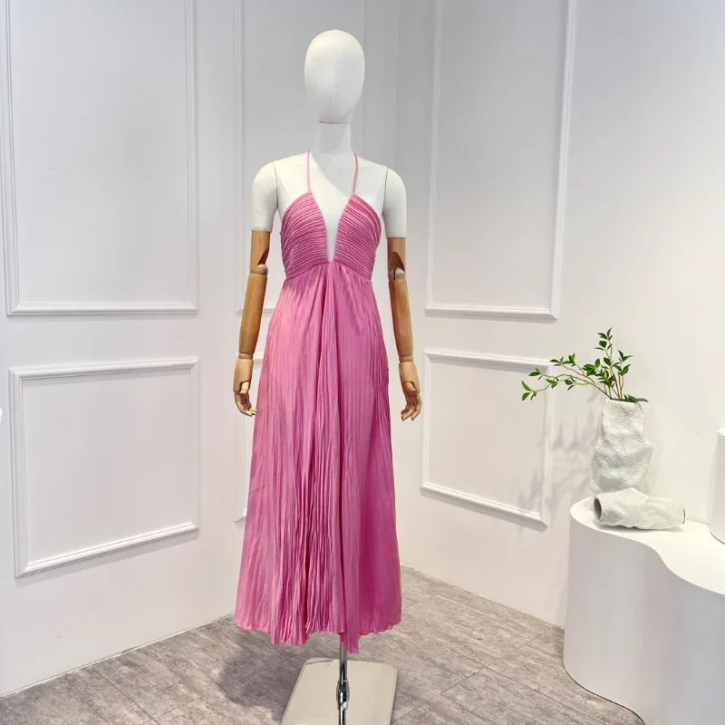 Women High Quality Deeep-v Neck Solid Pink Pleated Long Sexy Dresses New Arrival 2024
Women High Quality Deeep-v Neck Solid Pink Pleated Long Sexy Dresses New Arrival 2024
