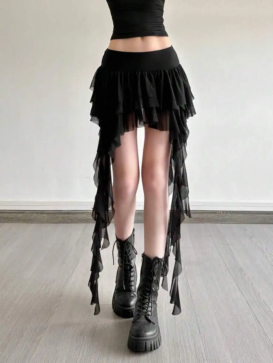 Black Sheer Tiered High-Waist Asymmetrical Mini Skirt With Cascading Ruffles And Chunky Boot Pairing
Black Sheer Tiered High-Waist Asymmetrical Mini Skirt With Cascading Ruffles And Chunky Boot Pairing
