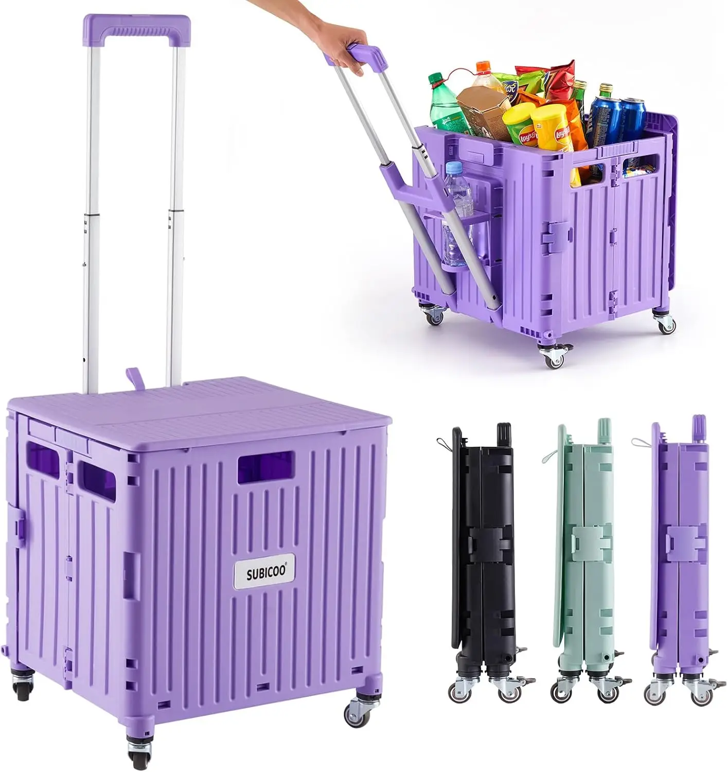 Foldable Rolling Cart with Lid, 4-Wheel Shopping Trolley for Grocery, Office & Storage in Purple
Foldable Rolling Cart with Lid, 4-Wheel Shopping Trolley for Grocery, Office & Storage in Purple