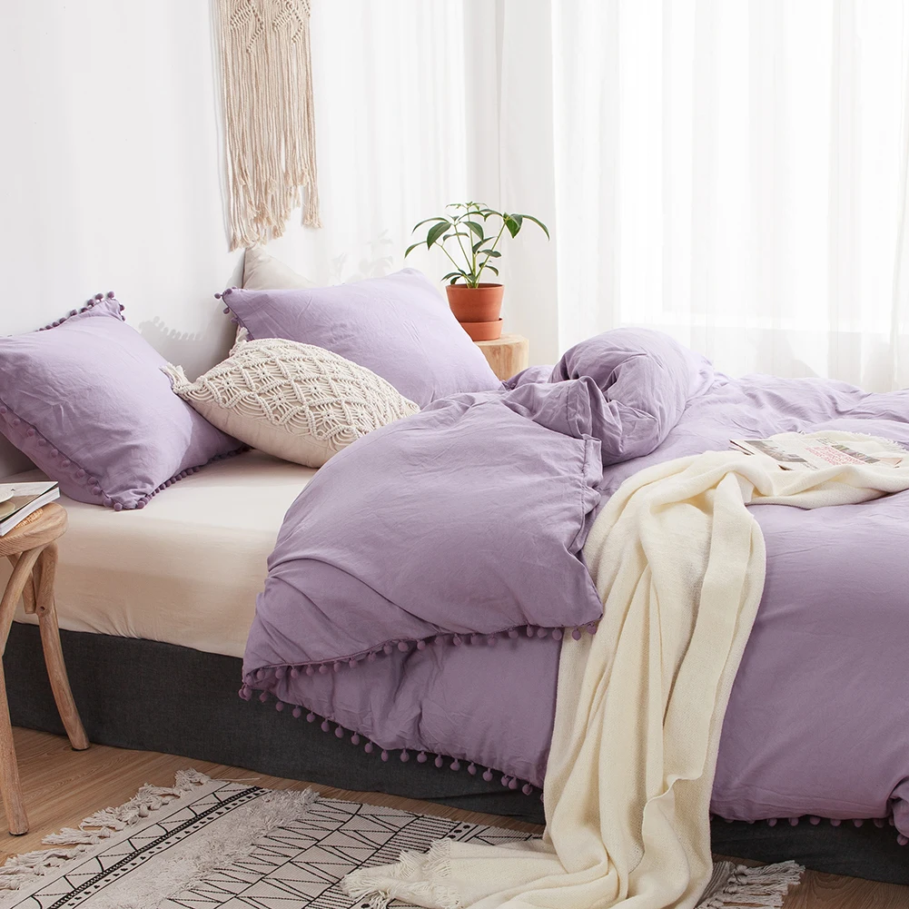 Solid Purple Grey Blue Pink Bedding Set Cute Ball Pom Pom Duvet Cover Set Farmhouse Pure Bedding Set 3pcs Soft Microfiber
Solid Purple Grey Blue Pink Bedding Set Cute Ball Pom Pom Duvet Cover Set Farmhouse Pure Bedding Set 3pcs Soft Microfiber