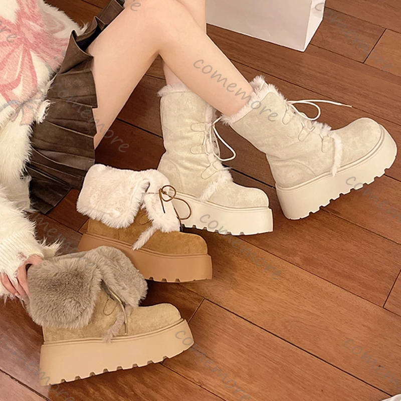 Comemore Women's Furrly Mid-Calf Snow Boots Autumn Winter Suede Lace-Up Platform Warm Casual Heightening Cotton Shoes for Women
Comemore Women's Furrly Mid-Calf Snow Boots Autumn Winter Suede Lace-Up Platform Warm Casual Heightening Cotton Shoes for Women