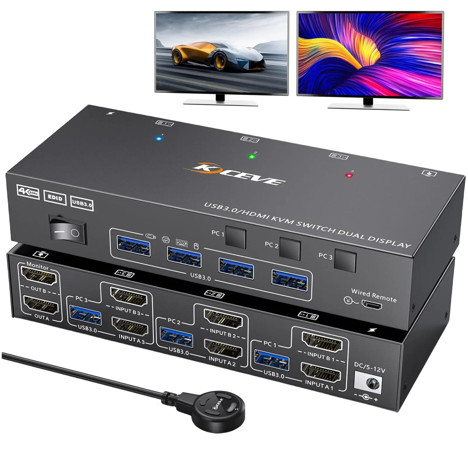 HDMI KVM Switch 3/2 Computers 2 Monitors 4K@60Hz,USB 3.0 Dual Monitor Switch Simulation EDID for 3/2 PC Share 2 Monitor 4 USB3.0
HDMI KVM Switch 3/2 Computers 2 Monitors 4K@60Hz,USB 3.0 Dual Monitor Switch Simulation EDID for 3/2 PC Share 2 Monitor 4 USB3.0