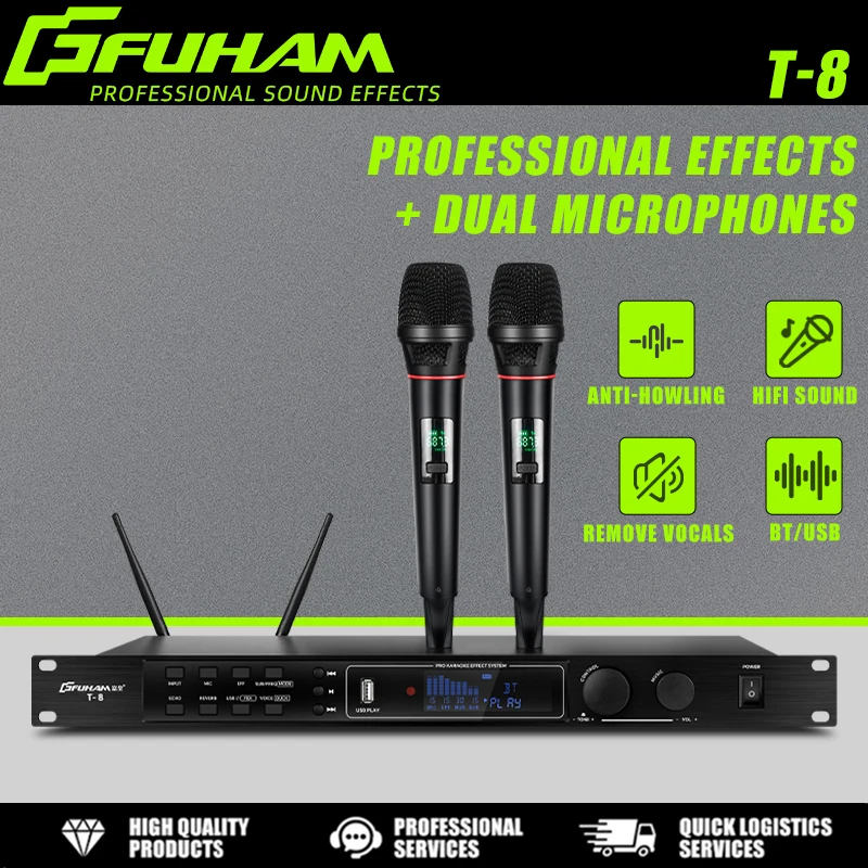 FUHAM T-8 Professional Karaoke Preamp Effect Processor Dual UHF Wireless Microphones Anti-Howling One-Key Vocal Remover Bluetoot
FUHAM T-8 Professional Karaoke Preamp Effect Processor Dual UHF Wireless Microphones Anti-Howling One-Key Vocal Remover Bluetoot