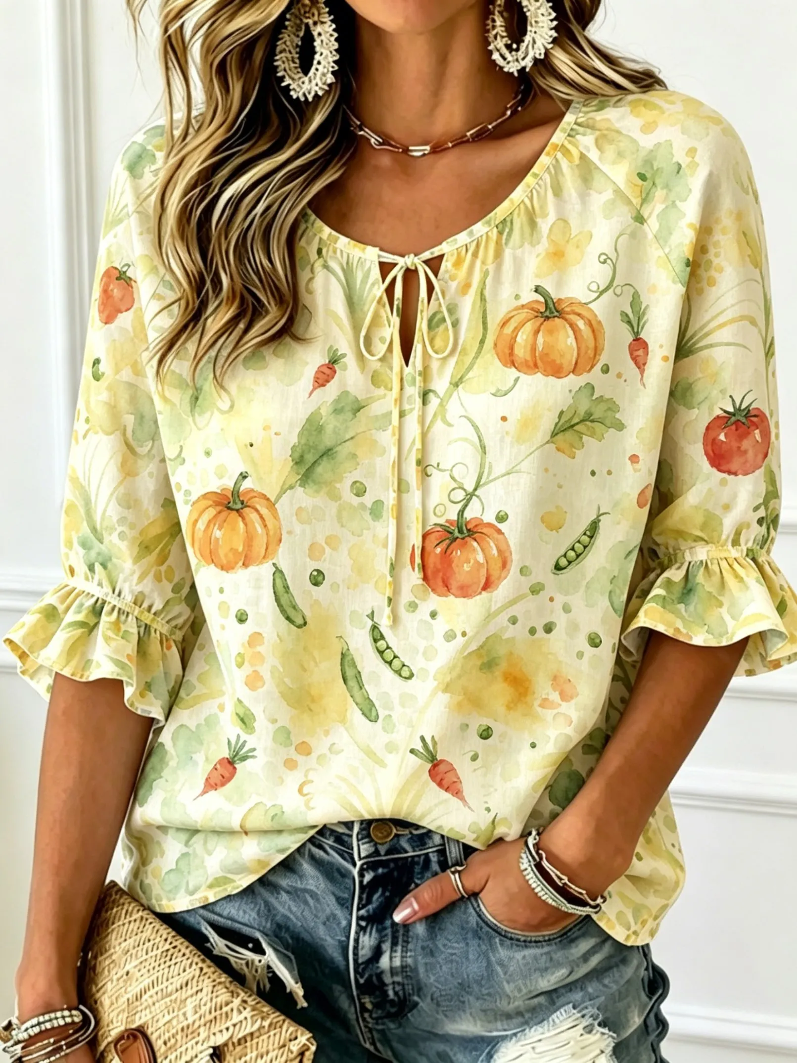 Women's Tie Keyhole Neck Blouse, Cream Base Watercolor Pumpkin Veggie Splash Print, Loose Fit for Spring Summer Daily Outfits
Women's Tie Keyhole Neck Blouse, Cream Base Watercolor Pumpkin Veggie Splash Print, Loose Fit for Spring Summer Daily Outfits