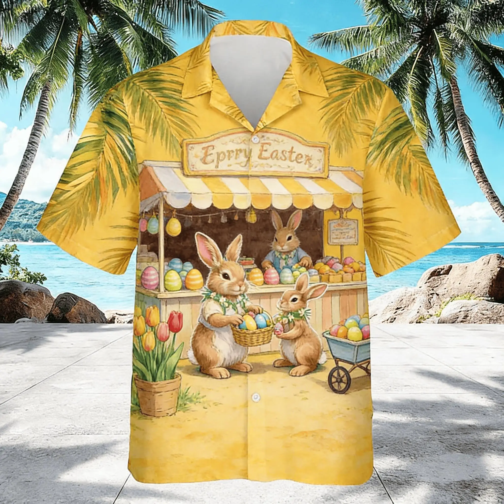 Men's Happy Easter Bunny Market Print Short Sleeve Shirt, Cute Rabbits & Colorful Eggs Design Button Down for Spring Summer
Men's Happy Easter Bunny Market Print Short Sleeve Shirt, Cute Rabbits & Colorful Eggs Design Button Down for Spring Summer