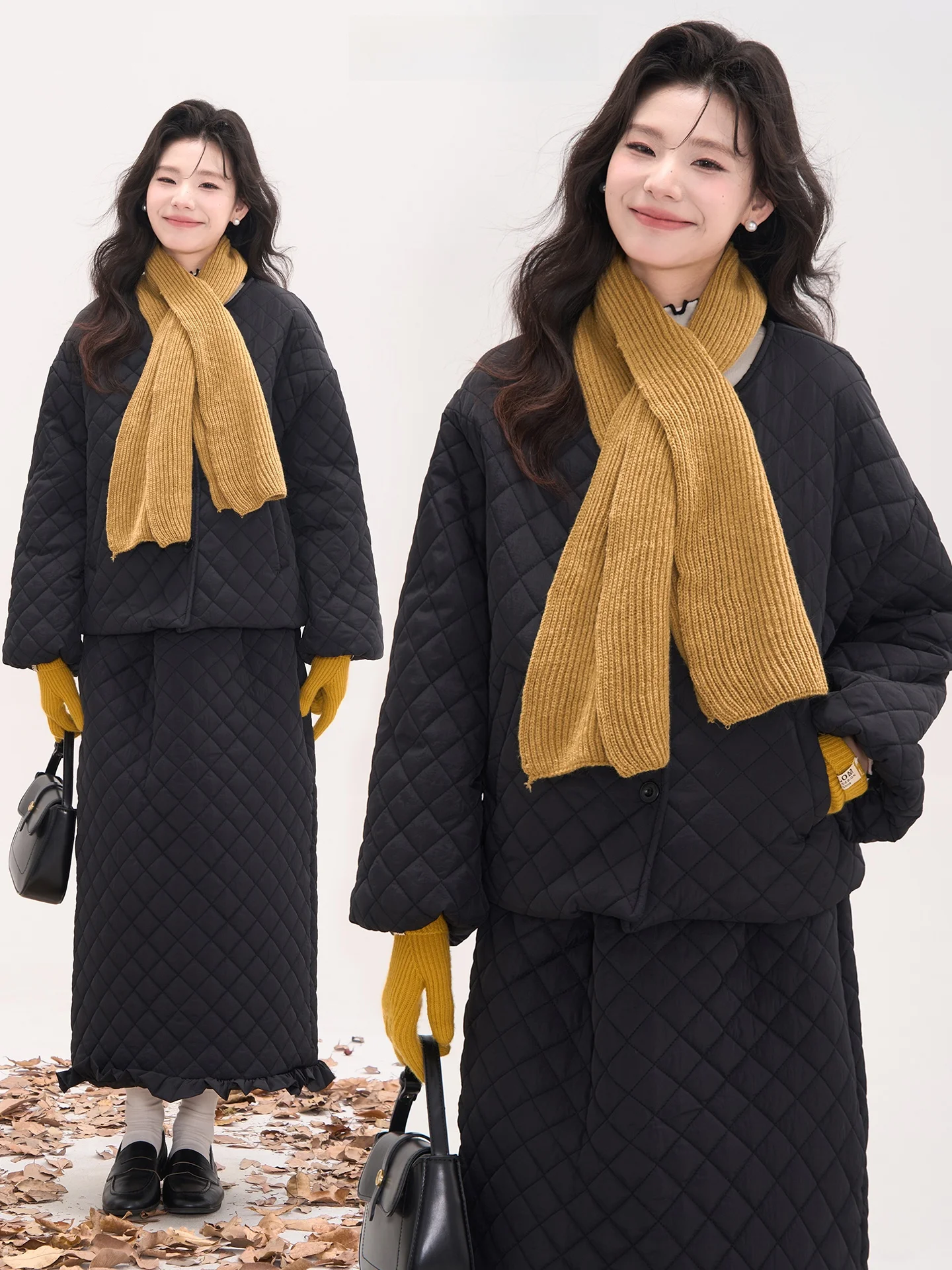 Winter Women's Cotton Jacket And Half Skirt Two-Piece Set Floral Window Heme Snow Night Whispers Rhombus Pattern Loose Fit
Winter Women's Cotton Jacket And Half Skirt Two-Piece Set Floral Window Heme Snow Night Whispers Rhombus Pattern Loose Fit