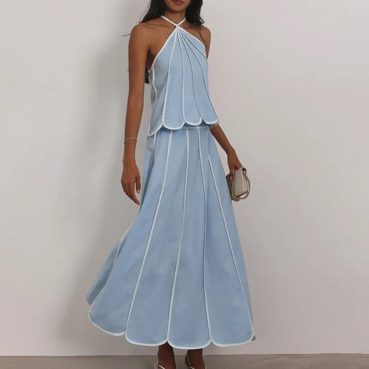 Blue Contrast Binding 2 Piece Set Women Halter Crop Top Maxi Skirt Outfits Elegant Quiet Luxury Summer Beach Matching Set
Blue Contrast Binding 2 Piece Set Women Halter Crop Top Maxi Skirt Outfits Elegant Quiet Luxury Summer Beach Matching Set