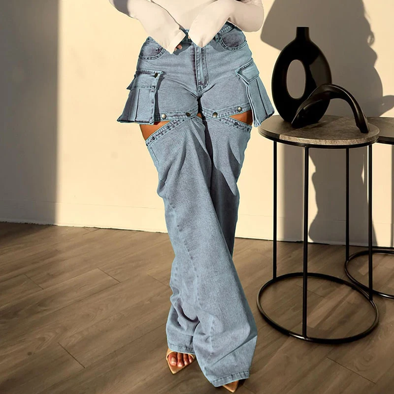 Vintage Hollow Out Pocket Cargo Denim Pants Women High Waist Button Detachable Become Shorts Jeans Casual Fashion Straight Jeans
Vintage Hollow Out Pocket Cargo Denim Pants Women High Waist Button Detachable Become Shorts Jeans Casual Fashion Straight Jeans