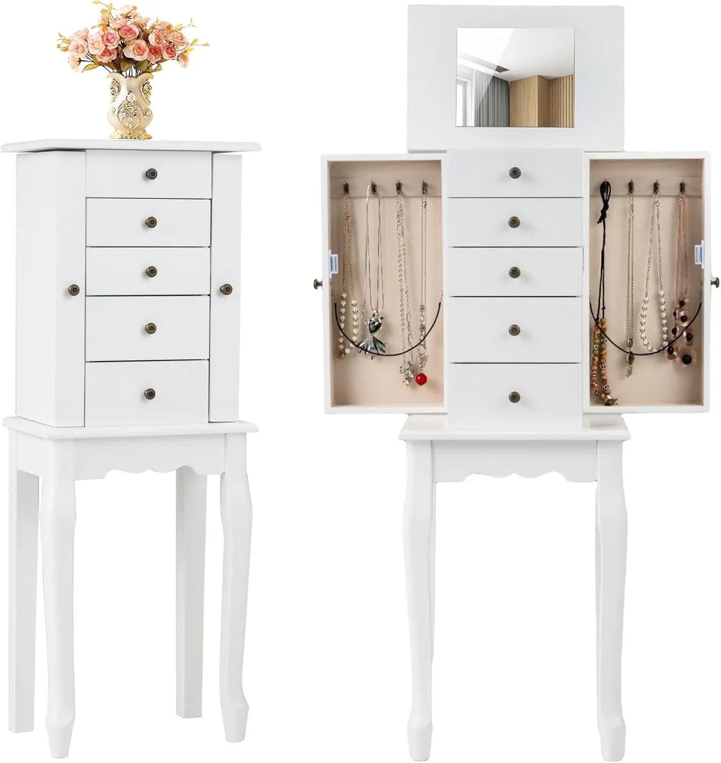 Standing Jewelry Armoire with Mirror 2 Side Doors, 2 Side Doors with 8 Necklace Hooks, Flip-Top Mirror White
Standing Jewelry Armoire with Mirror 2 Side Doors, 2 Side Doors with 8 Necklace Hooks, Flip-Top Mirror White