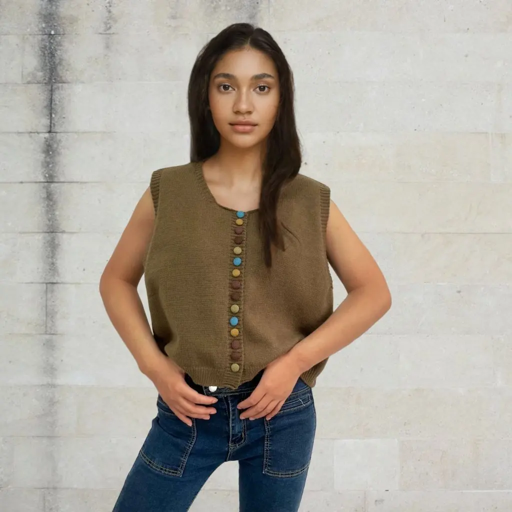 Women's Color Buckle Crewneck Knitted Vest Sleeveless Cardigan Sweater European And American Style Autumn Winter Coat
Women's Color Buckle Crewneck Knitted Vest Sleeveless Cardigan Sweater European And American Style Autumn Winter Coat