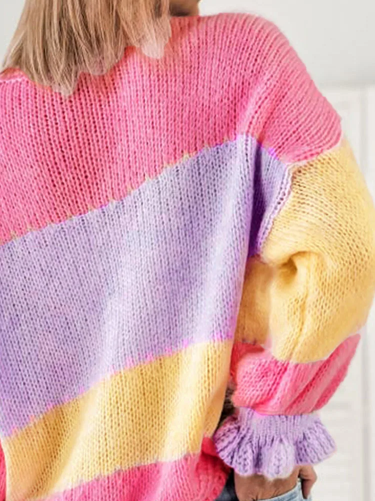 Elegant V-neck Button Knitted Cardigans Women Causal Long Sleeve Loose Jackets Fashion Color Block Patchwork Sweater Outerwears
Elegant V-neck Button Knitted Cardigans Women Causal Long Sleeve Loose Jackets Fashion Color Block Patchwork Sweater Outerwears