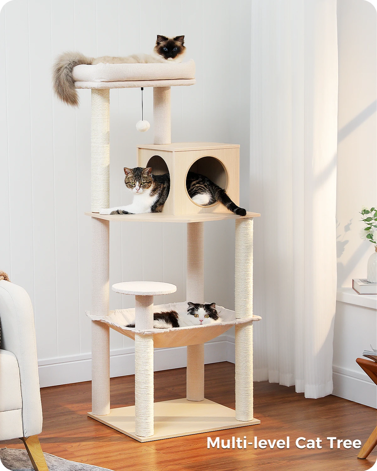 Multi-Level Cat Tree Condo with Sisal Scratching Posts Wood Cat Tree for Indoor with Cozy Condo Super Large Hammock Plush Perch
Multi-Level Cat Tree Condo with Sisal Scratching Posts Wood Cat Tree for Indoor with Cozy Condo Super Large Hammock Plush Perch