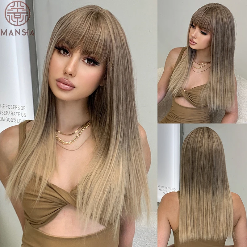 High-temperature fiber women's wig, fashionable long hair with gradient golden-brown color and straight bangs design for everyda
High-temperature fiber women's wig, fashionable long hair with gradient golden-brown color and straight bangs design for everyda