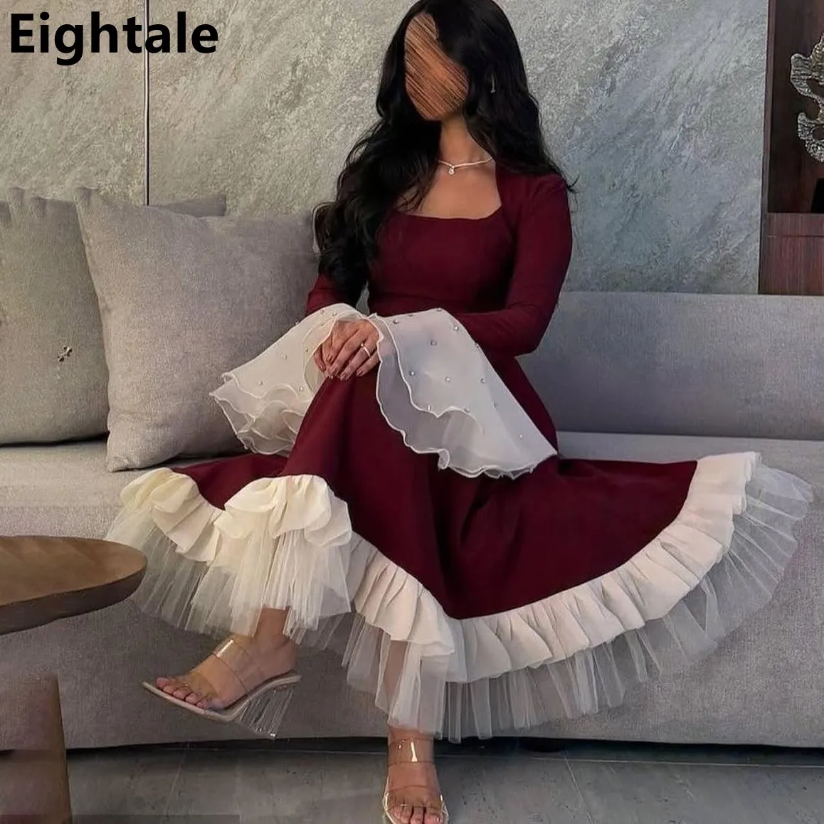 Eightale 2025 Burgundy A Line Tea Length Evening Dress Long Flare Sleeve Pearls Prom Dress Saudi Arabic Party Gown Customized
Eightale 2025 Burgundy A Line Tea Length Evening Dress Long Flare Sleeve Pearls Prom Dress Saudi Arabic Party Gown Customized