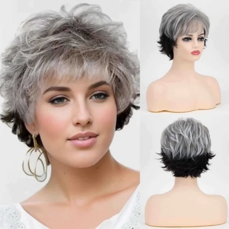 European American fashion wigs, women's short straight hair, black and white mixed color full head wig
European American fashion wigs, women's short straight hair, black and white mixed color full head wig